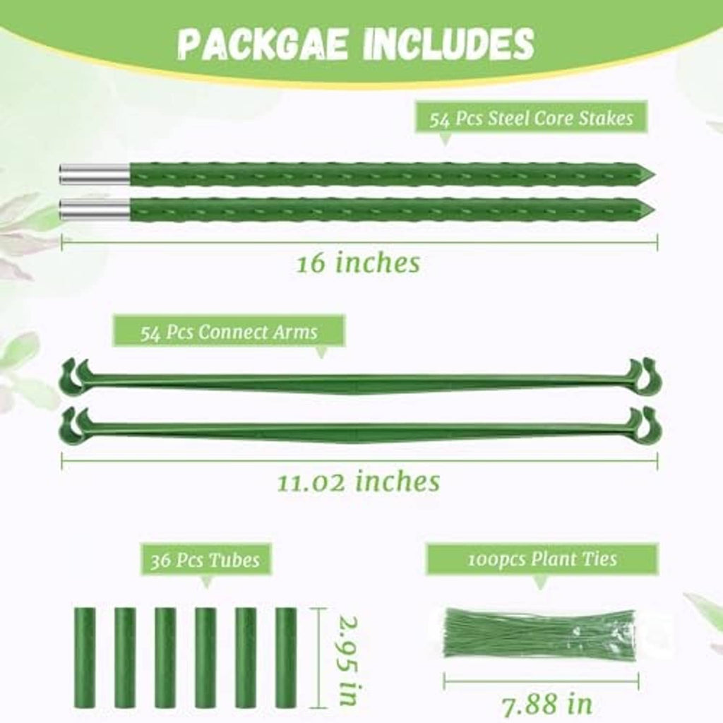 Tomato cage parts kit with green steel stakes, connect arms, tubes, and plant ties