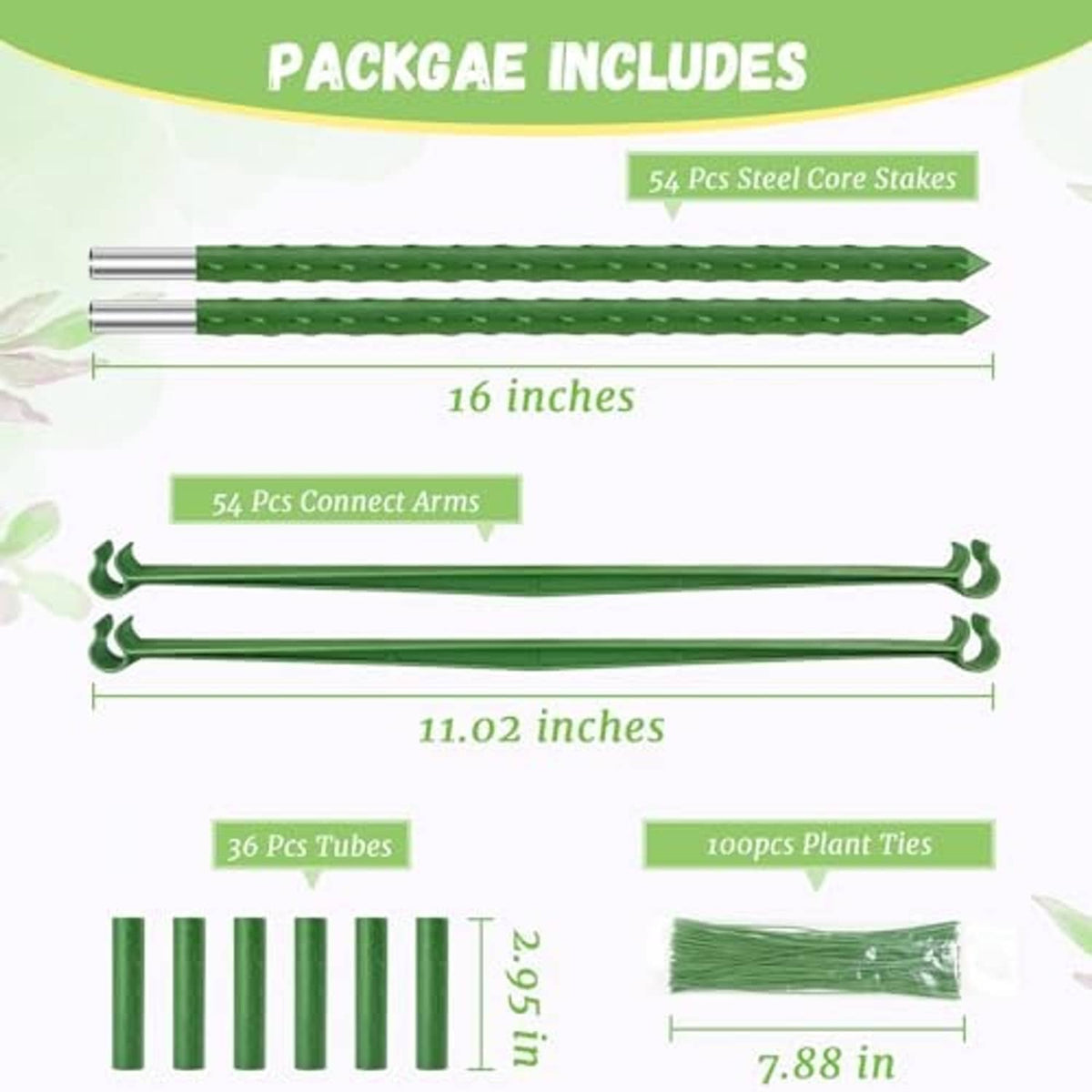 Tomato cage parts kit with green steel stakes, connect arms, tubes, and plant ties
