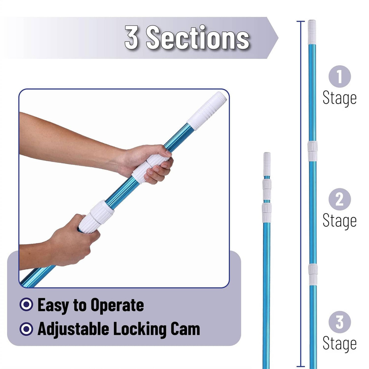3-section adjustable pool pole with locking cam and gripped extension tube