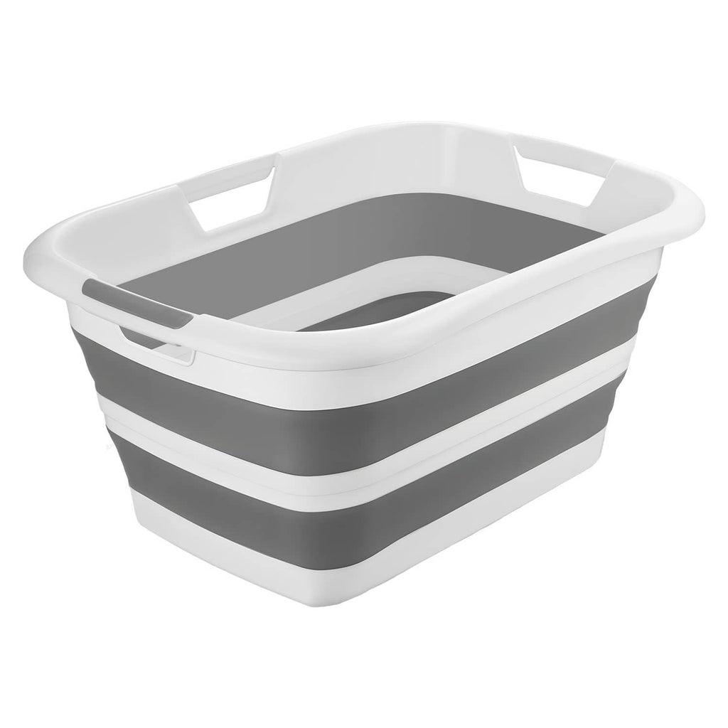 Gray and white collapsible pet bath tub with empty interior and folded base shape