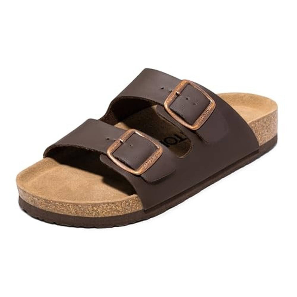 Mocha men's cork slide sandals with two adjustable buckle straps, open toe view