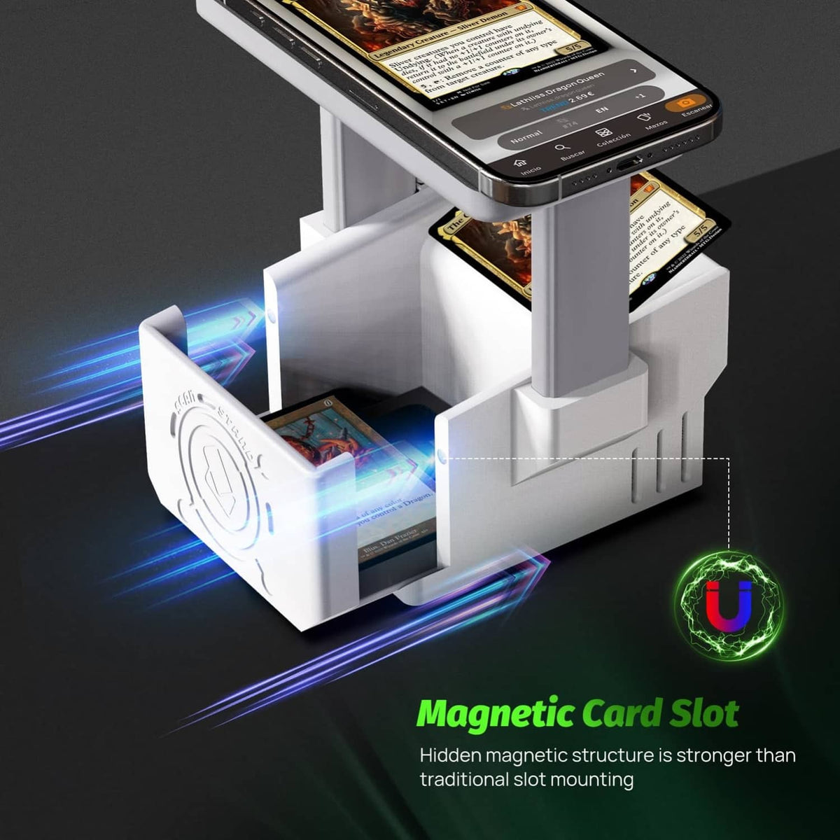 White card scanner stand showing inner card compartment and illuminated LED light