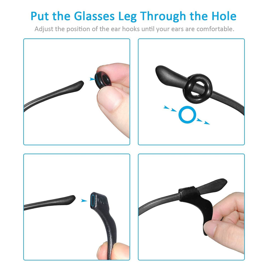 Black silicone eyeglass ear grip being adjusted onto the glasses temple