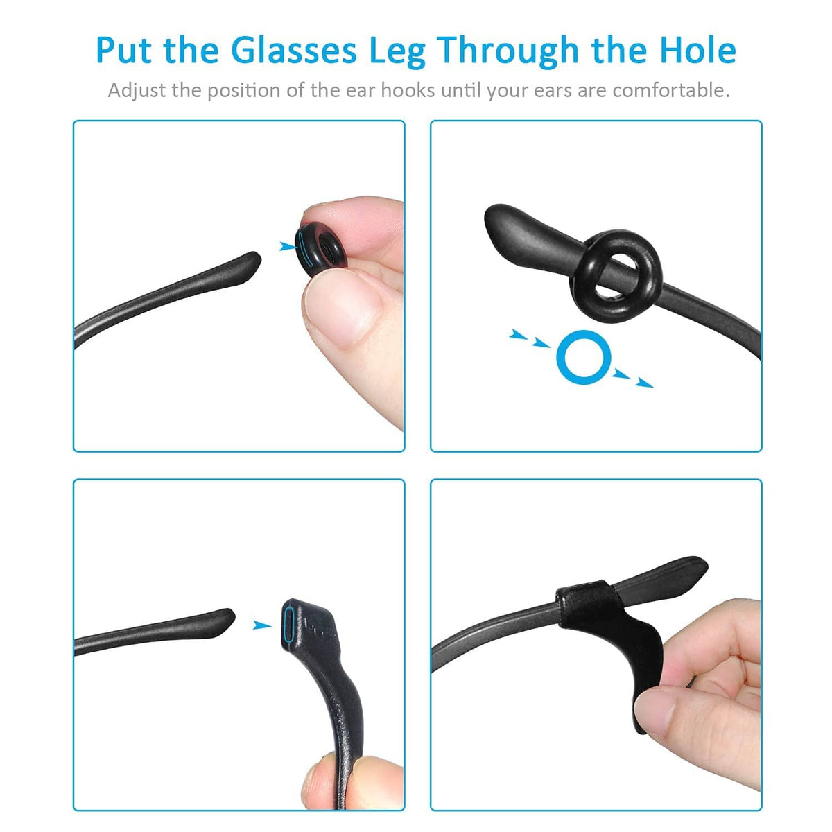 Black silicone eyeglass ear grip being adjusted onto the glasses temple