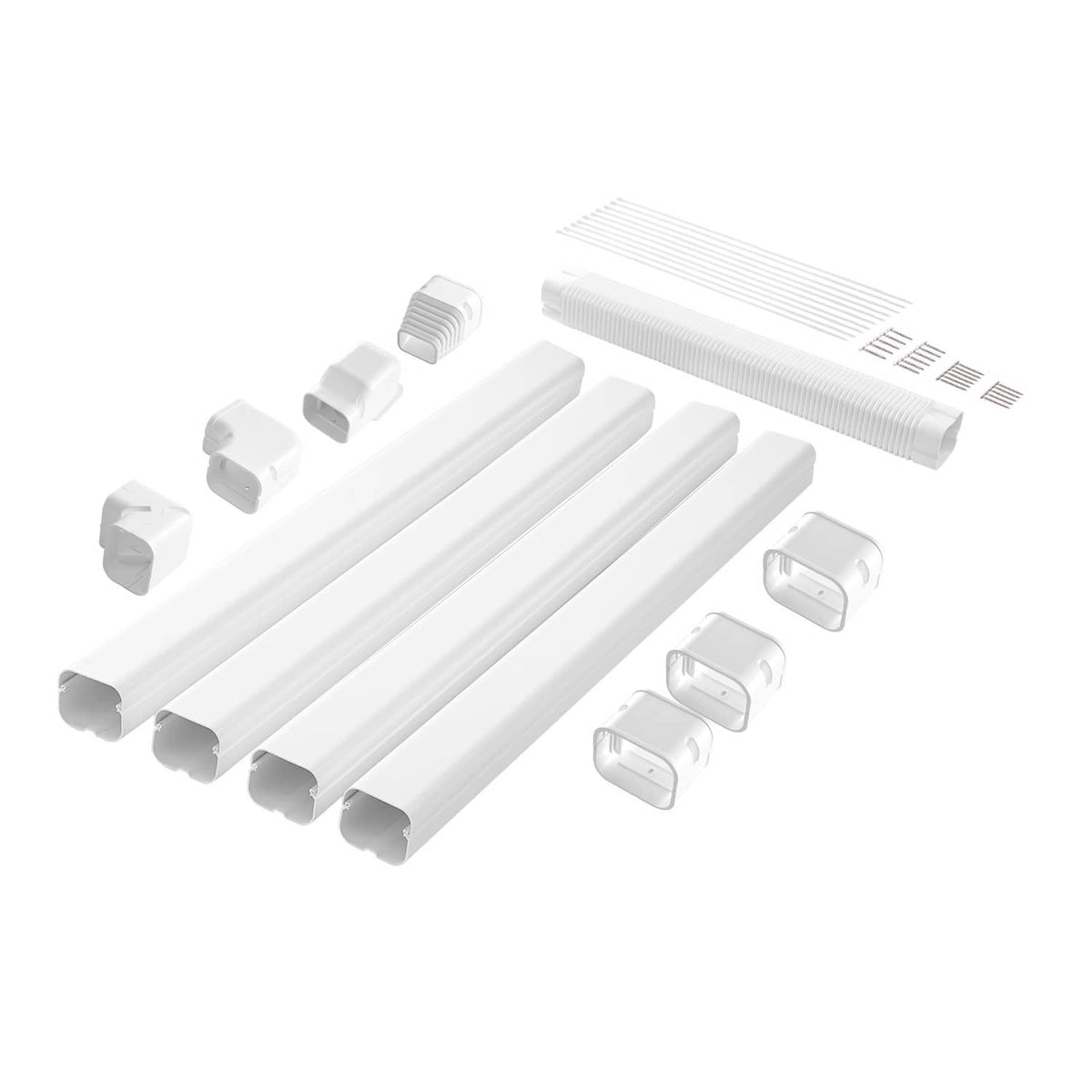PVC line set cover kit with multiple straight cover sleeves and white corner connectors