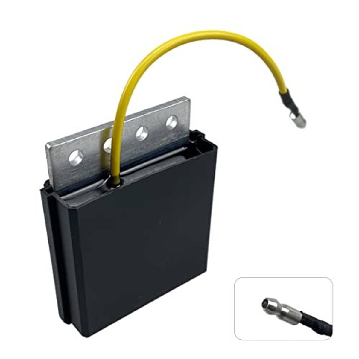Voltage regulator rectifier with black housing, aluminum plate, yellow cable and small connector