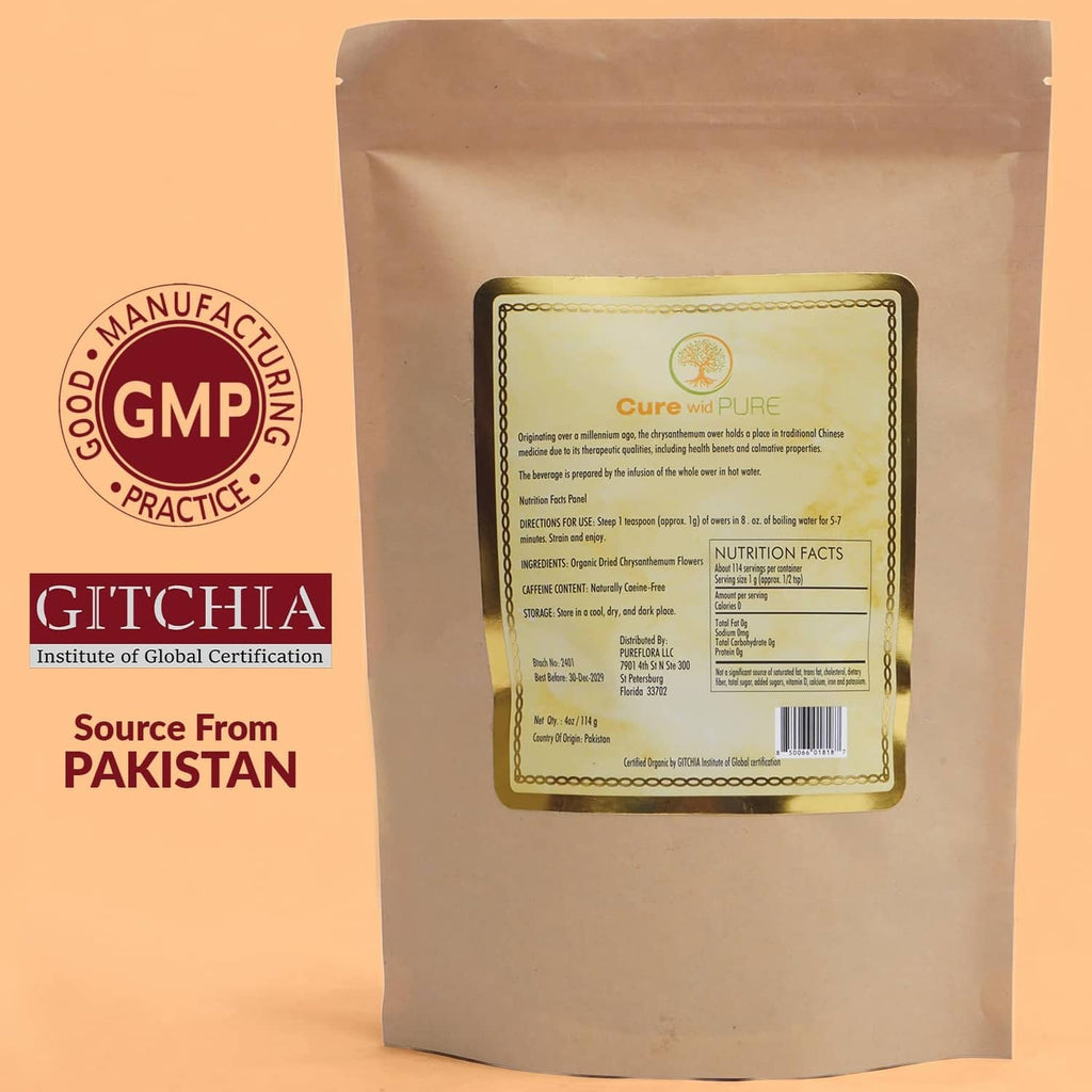 Cure wid PURE organic chrysanthemum tea pouch back with nutrition facts