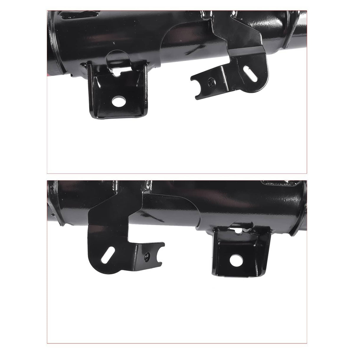 Black strut mounting brackets with bolt holes for front suspension strut assembly