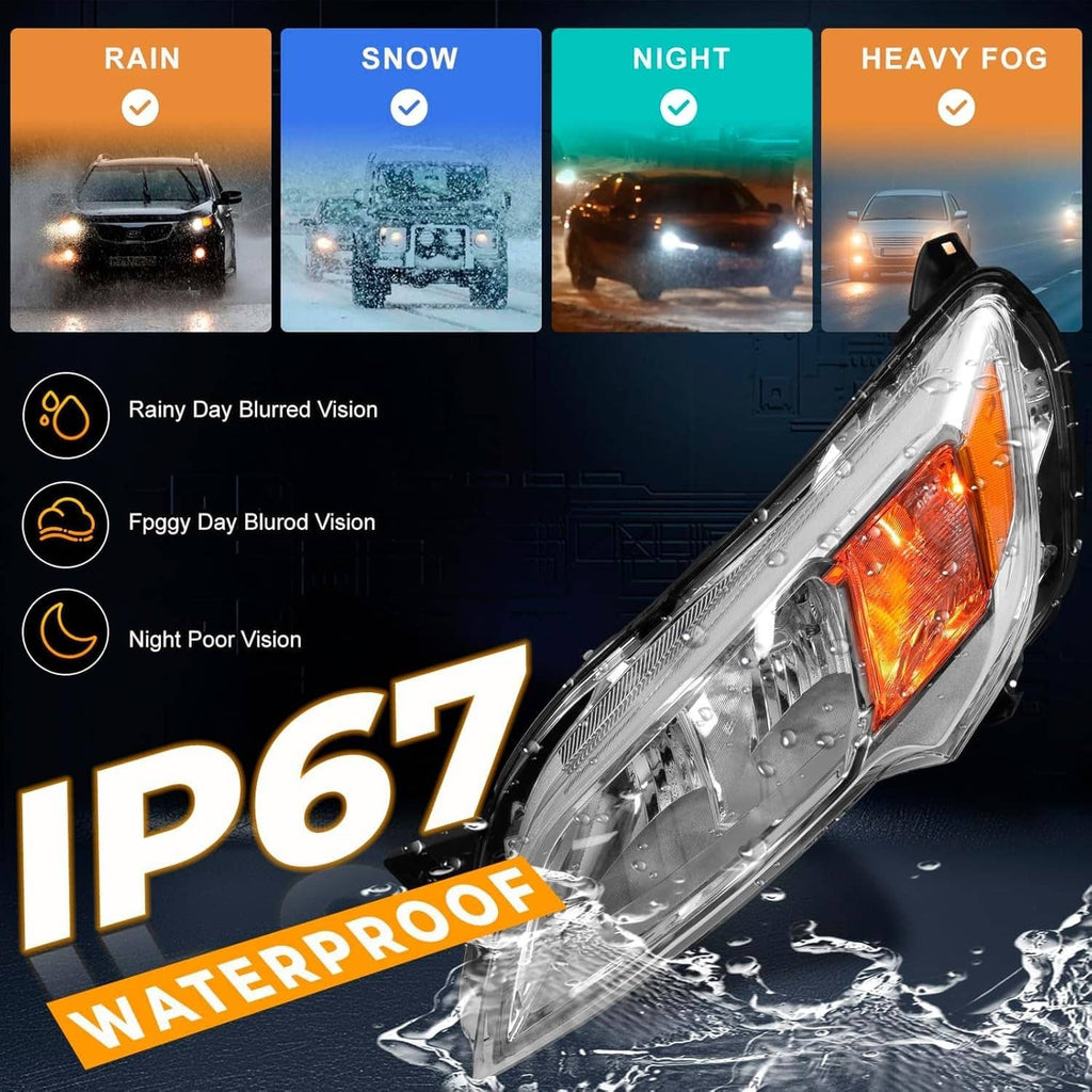 Halogen headlight with amber turn-signal lens and clear reflector, water-resistant design