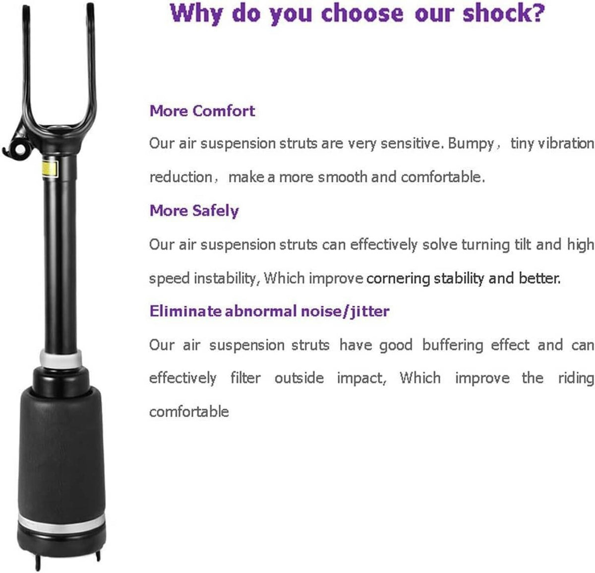 Front air suspension strut with black body and fork mount, single unit