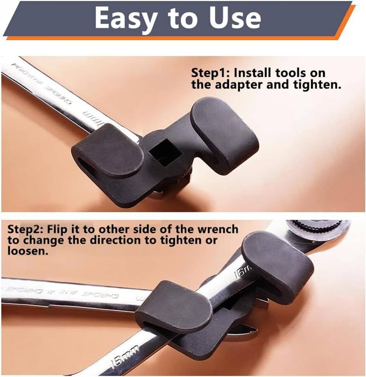 Black wrench extender adapter mounted on a ratchet wrench for turning
