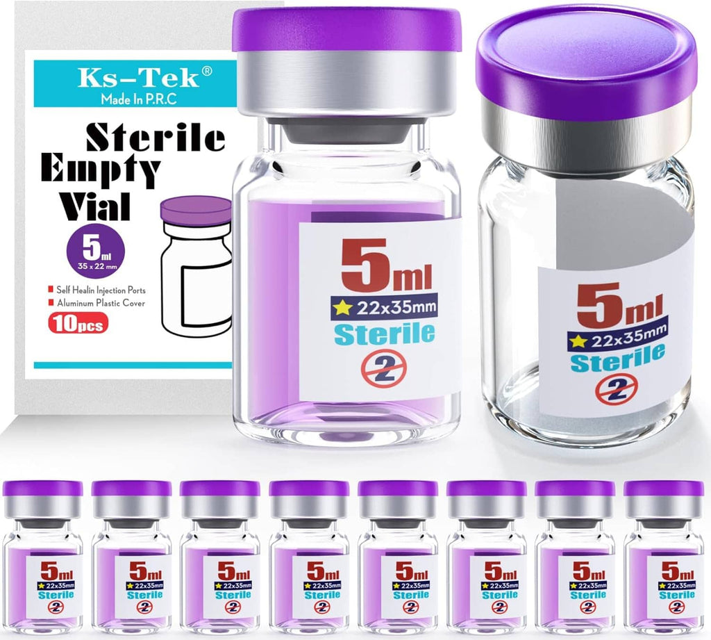 Sterile 5ml glass vials with purple flip-off caps and self-healing injection port