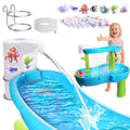 White cordless water table pump with clear tubing, blue outlet, and arcing water stream