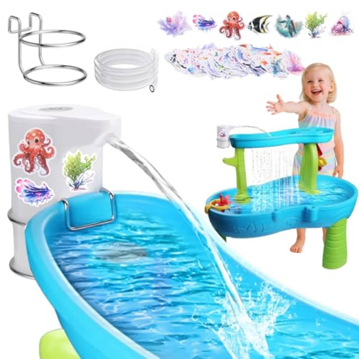 White cordless water table pump with clear tubing, blue outlet, and arcing water stream
