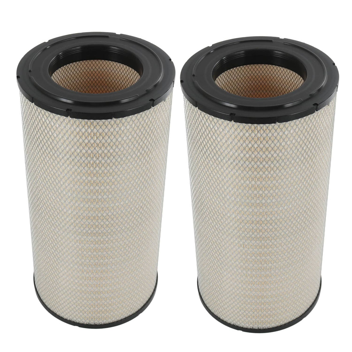 Pair of cylindrical engine air filters with white media and black end caps
