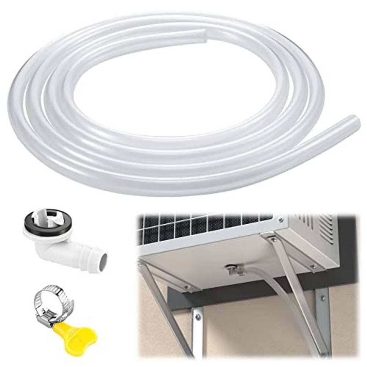 White AC drain hose kit with straight outlet connector, metal clamp, and yellow fastener