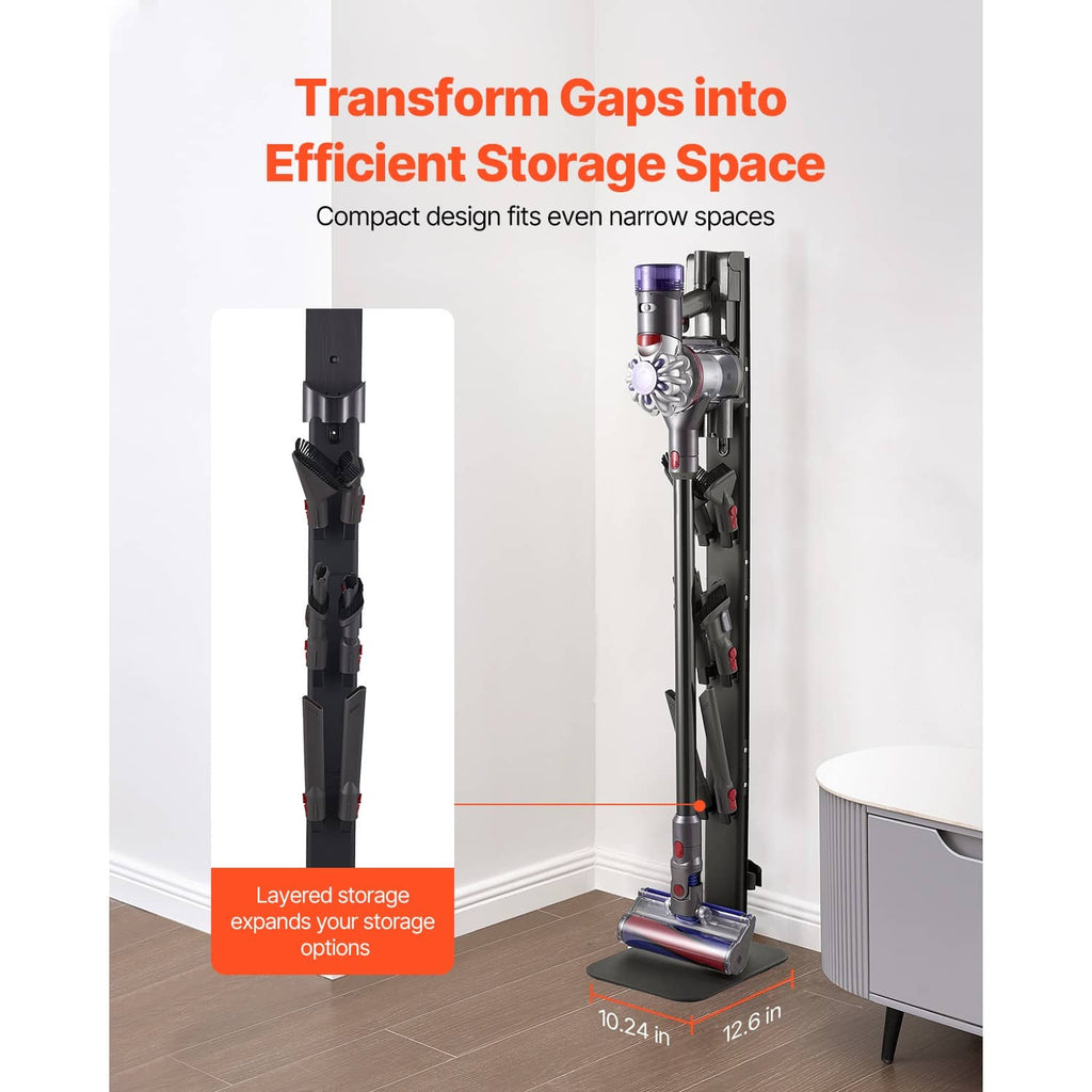 Black vacuum stand with compact vertical design for narrow spaces and layered accessory storage