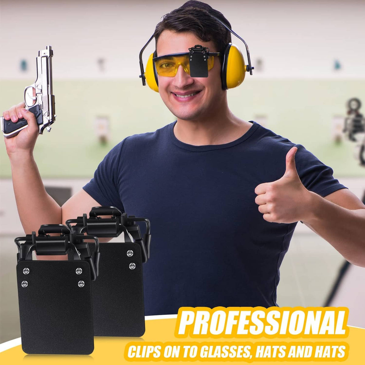 Black clip-on shooting glasses patch attached to eyeglasses on shooter with earmuffs