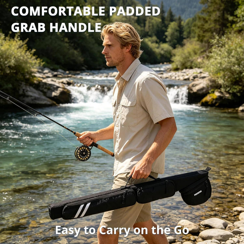 Black fly rod case with comfortable padded grab handle and shoulder carry pouch.