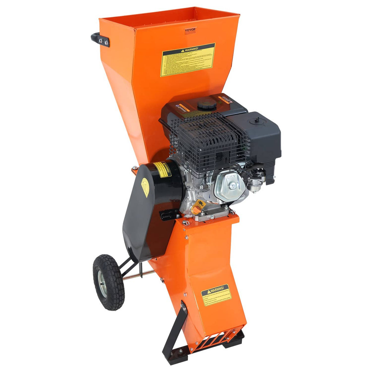 Orange wood chipper shredder mulcher with open hopper, black engine housing, and wheels