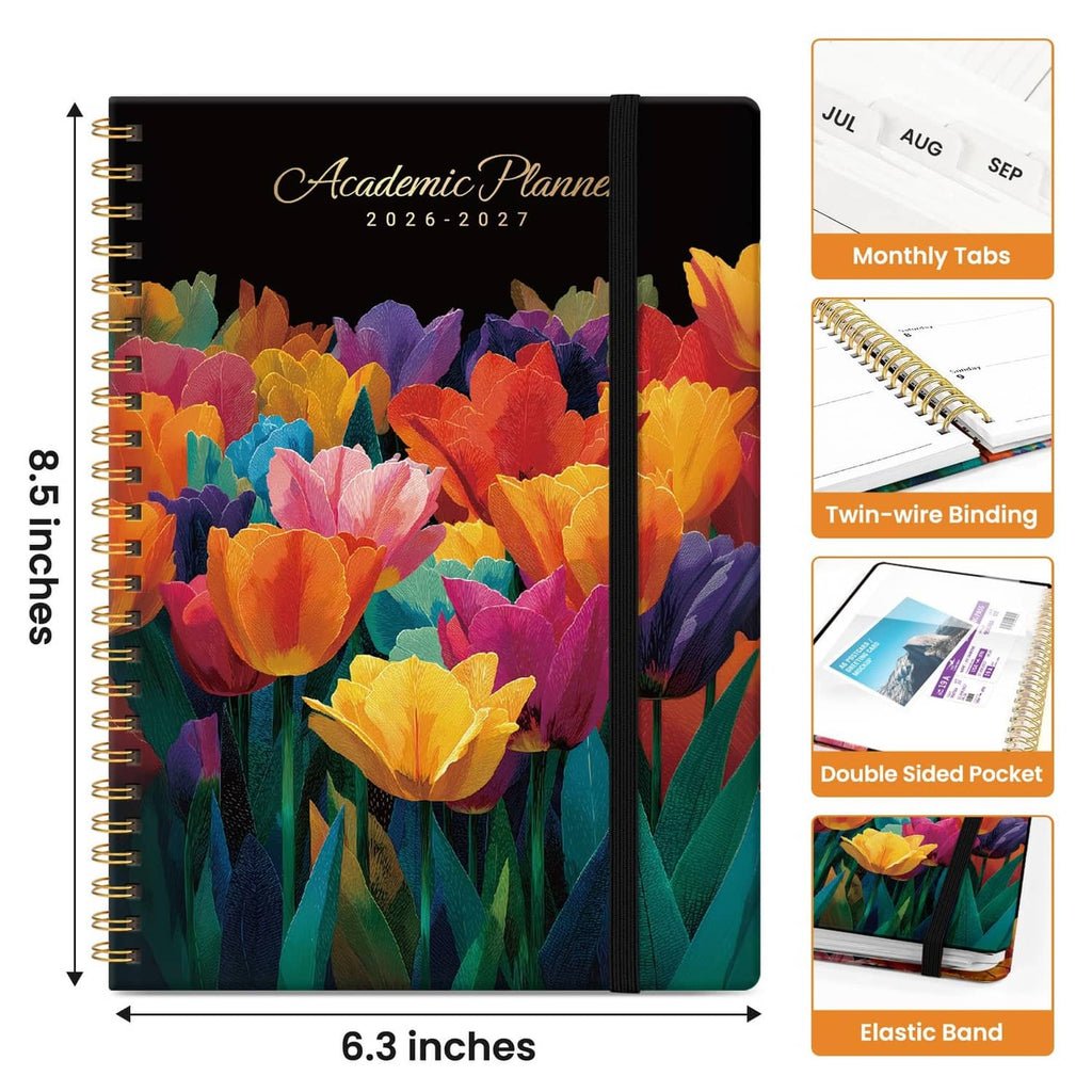 Academic planner with black tulip cover, elastic band, and twin-wire binding