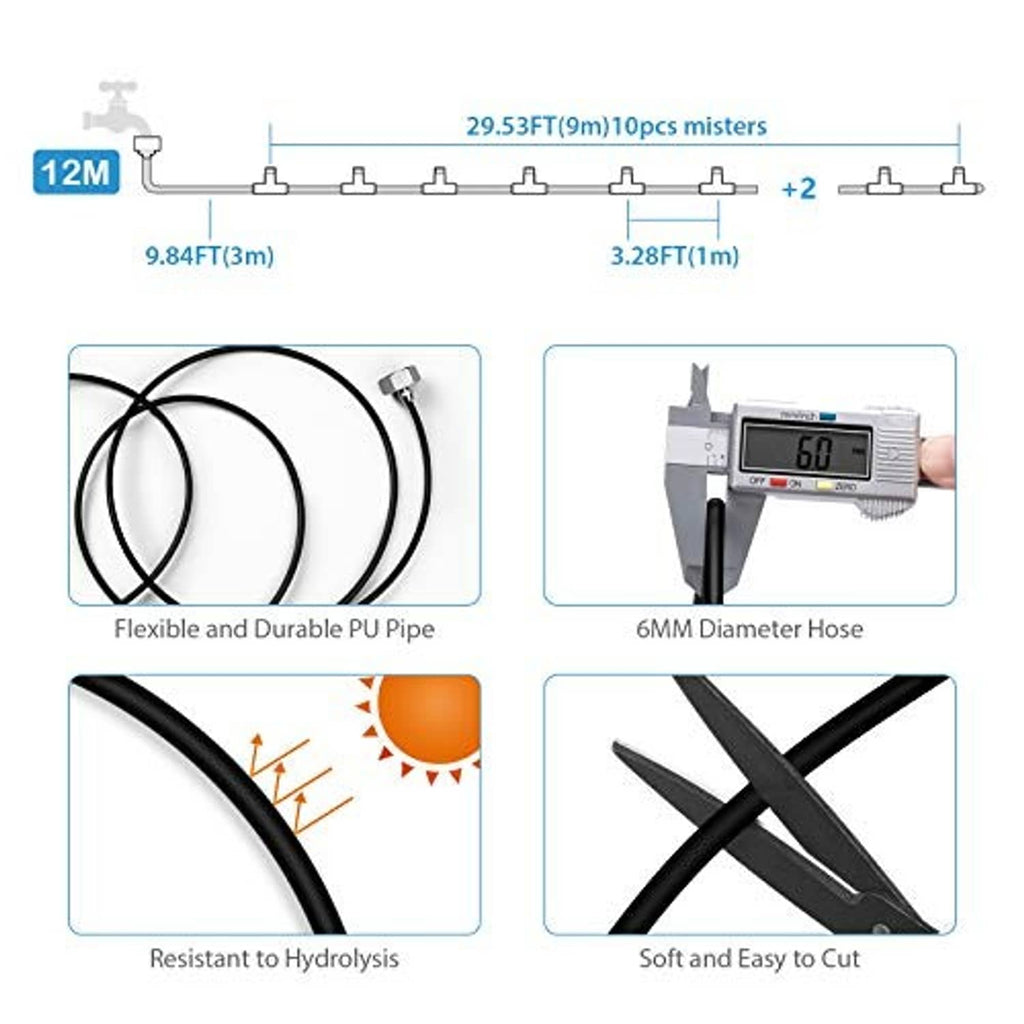 Flexible black PU misting hose set with multiple nozzles and cut-to-size design