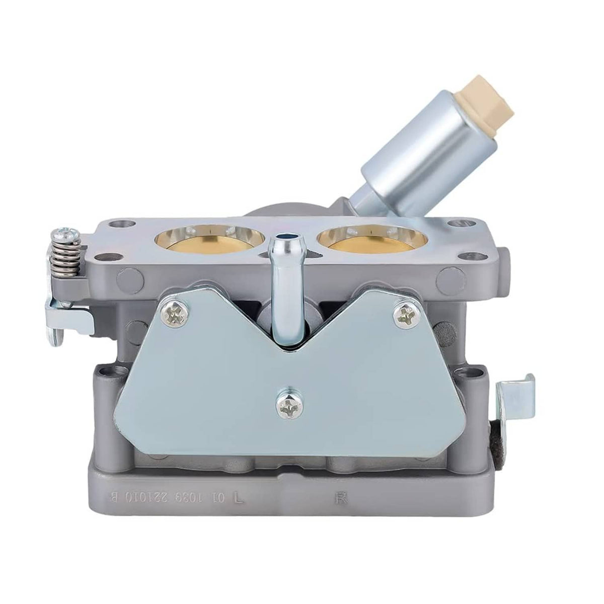 Silver carburetor with twin circular openings and intake hose spout