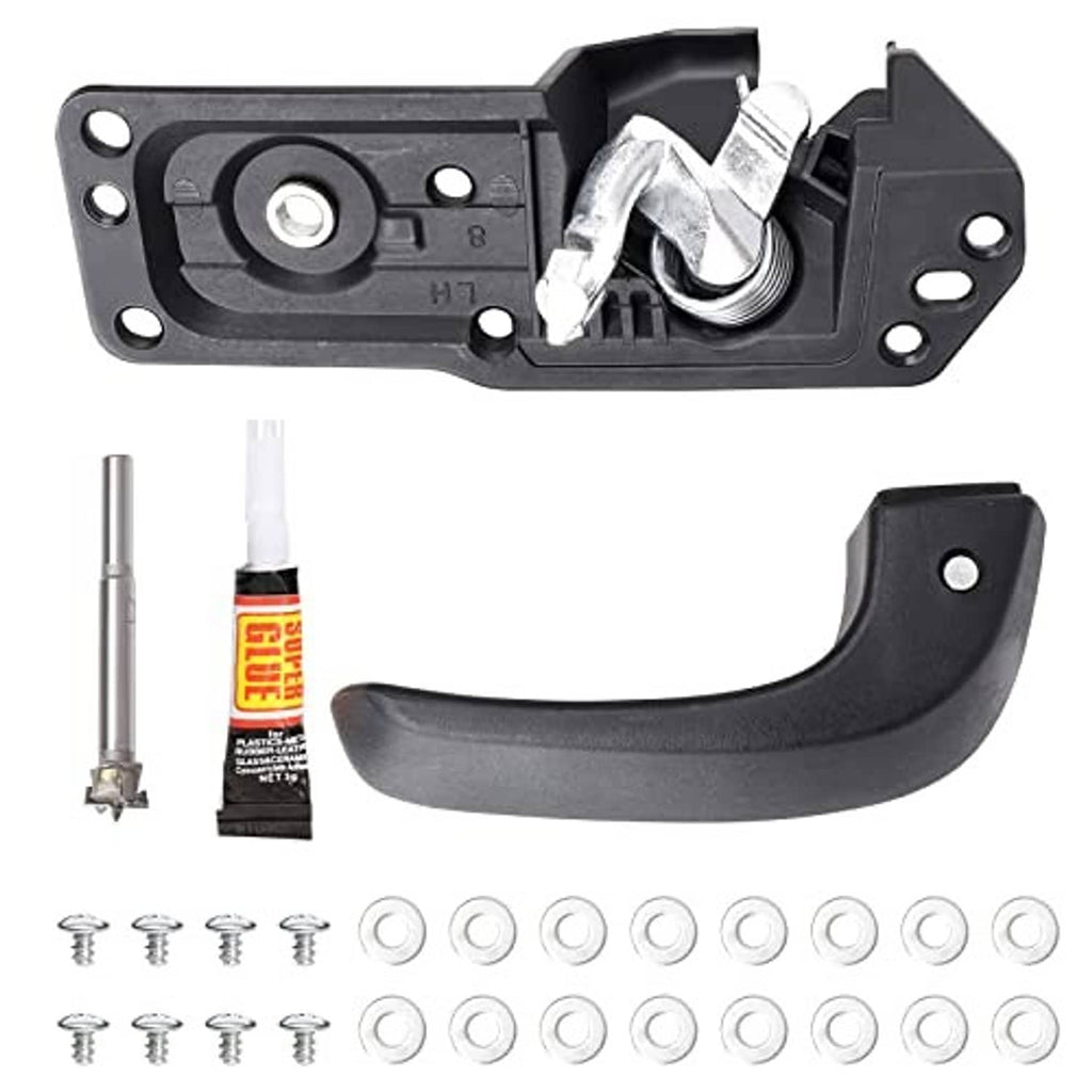 Interior door handle kit with black grip, bracket, glue tube, screws and washers