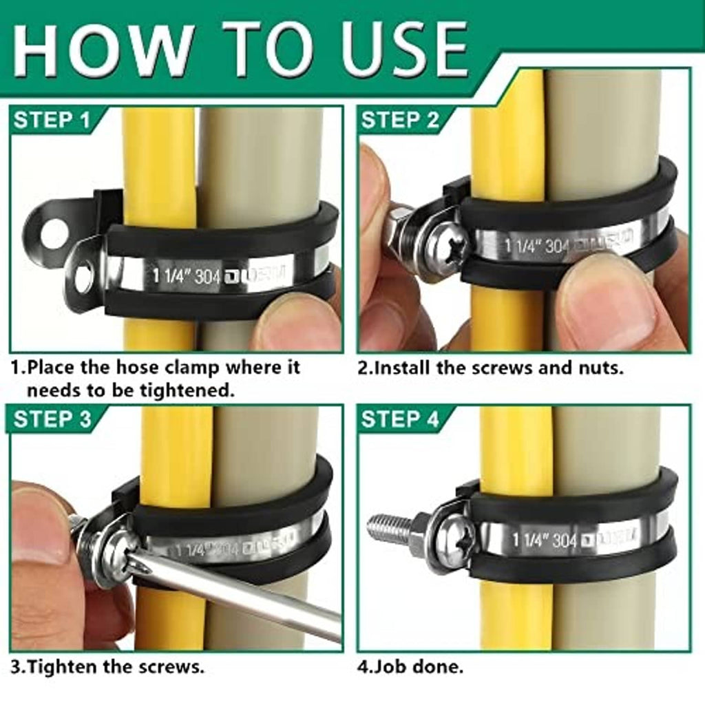 Black rubber hose clamp with stainless hardware, for 1/4-in bolt installation