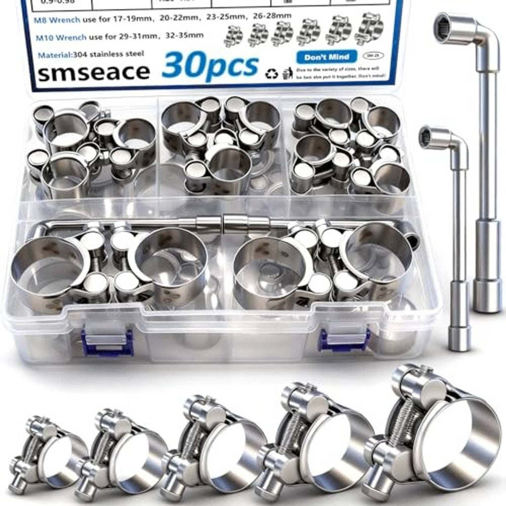 304 stainless steel T-bolt hose clamps, 30-piece kit with included wrenches