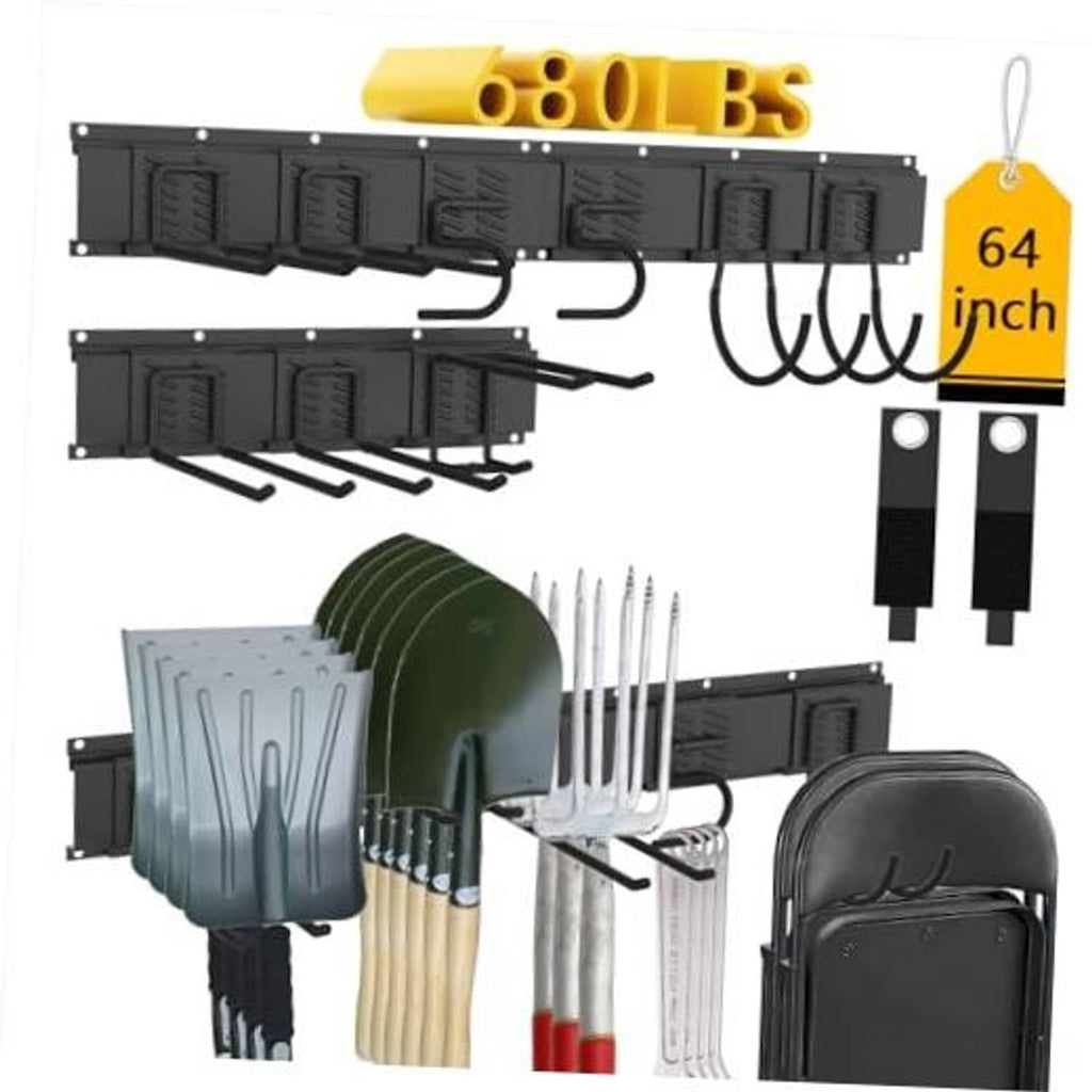 Black 64-inch wall-mounted organizer rack with tool hooks and hanging rails