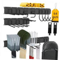 Black 64-inch wall-mounted organizer rack with tool hooks and hanging rails