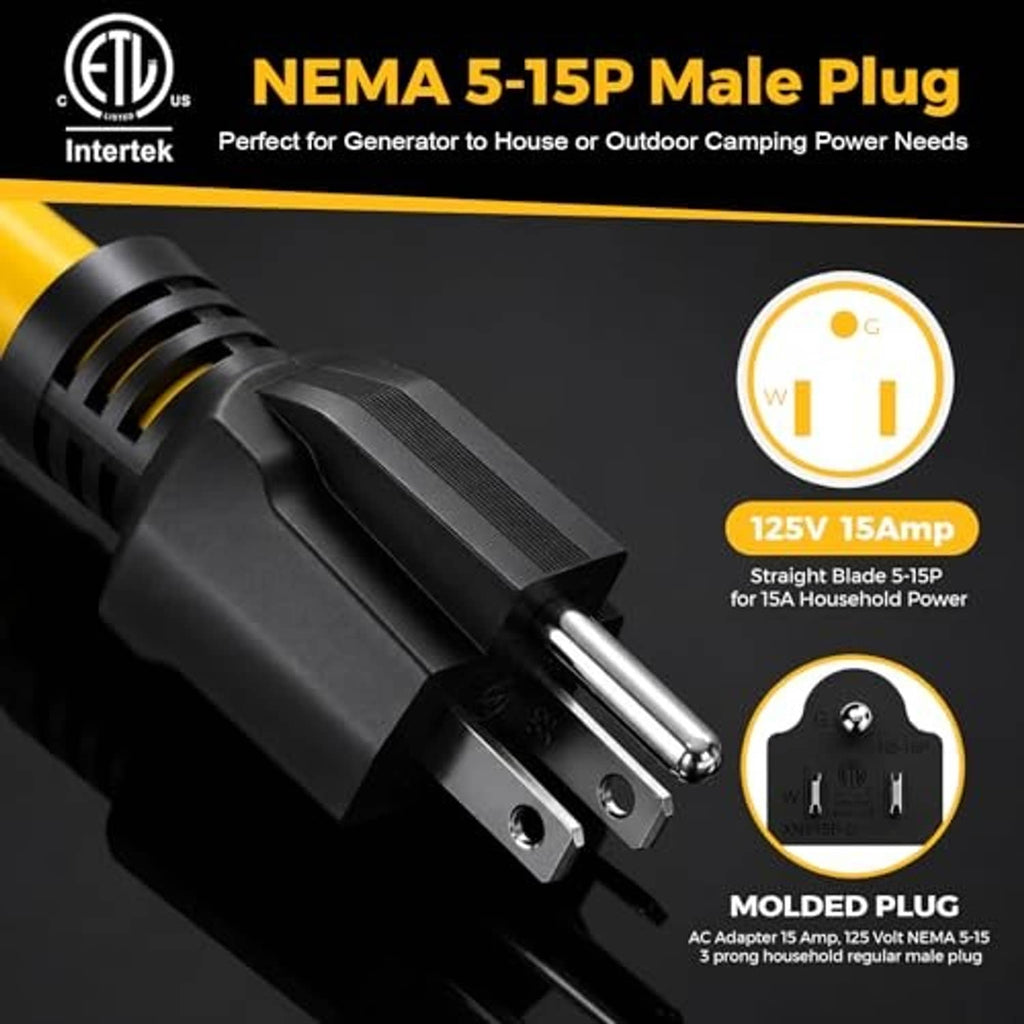 NEMA 5-15P male plug on black end of yellow power adapter cord