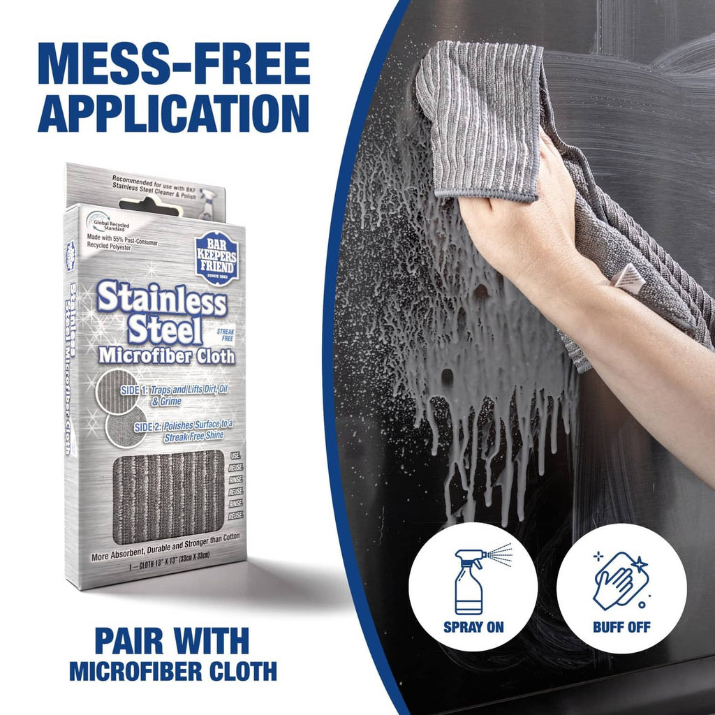 Stainless steel microfiber cloth and cleaner spray bottle with blue trigger