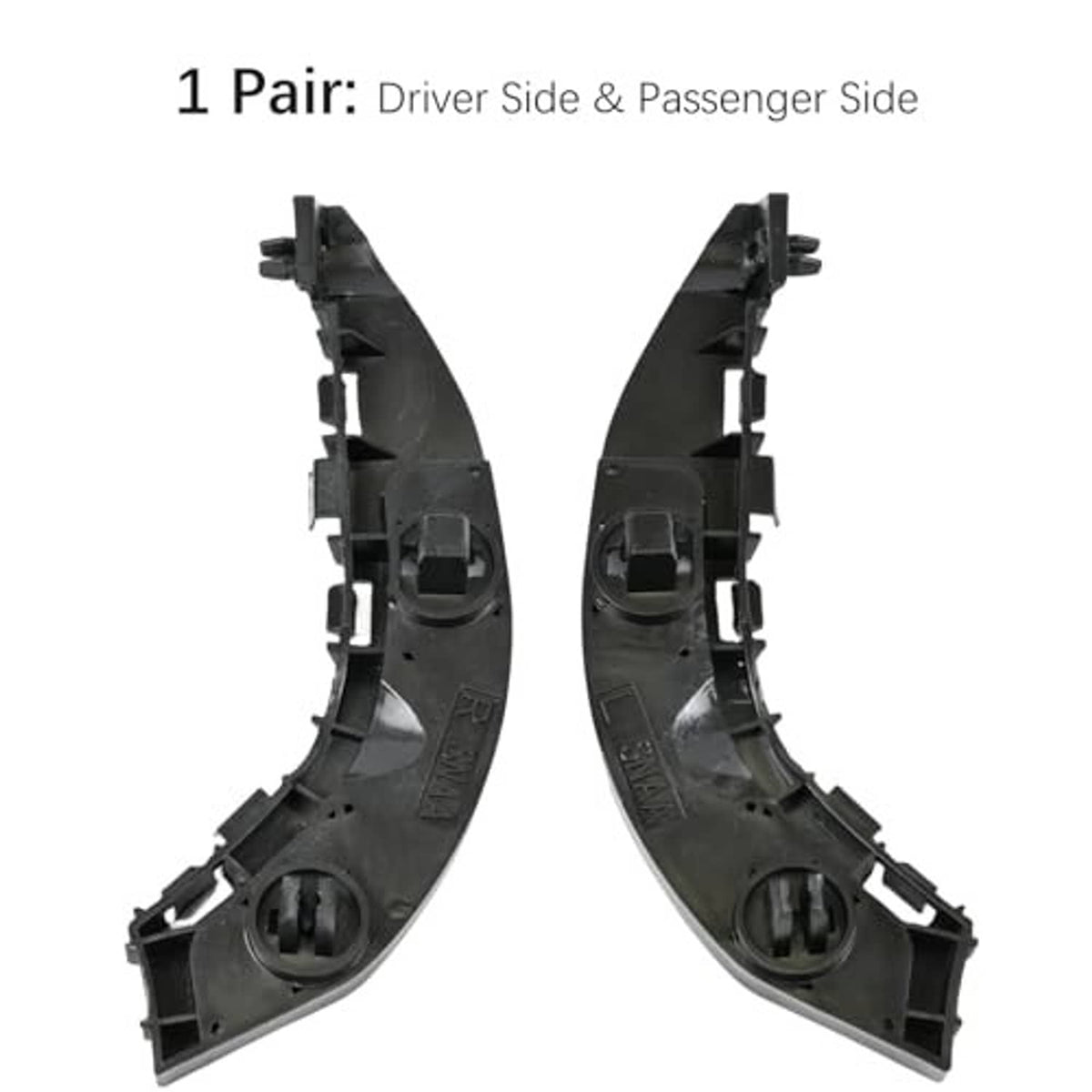 Front bumper bracket pair, black plastic driver and passenger brackets with mounting points