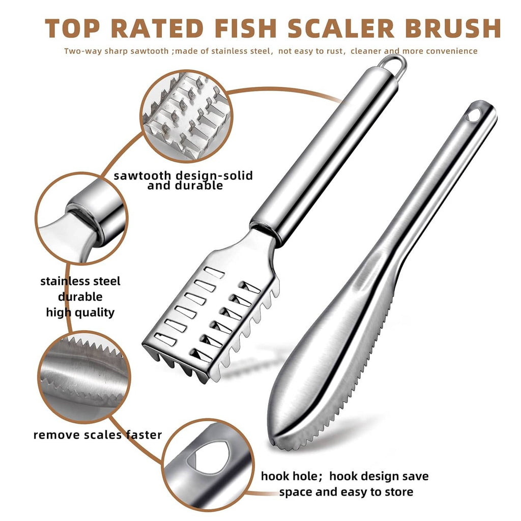 Two-piece stainless steel fish scaler set with sawtooth heads and hook-hole handles