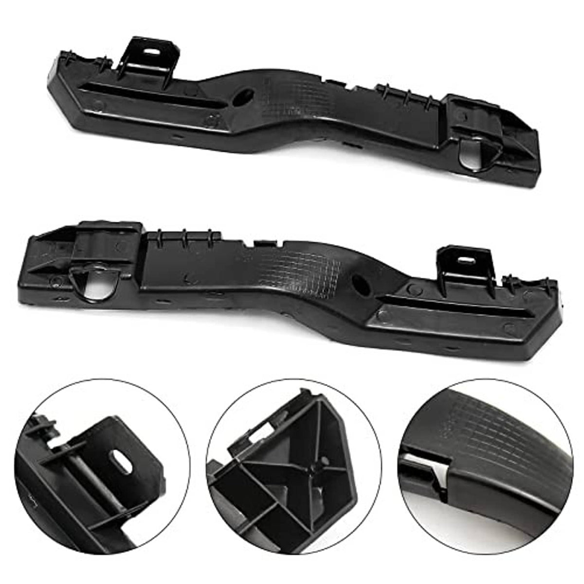 Black front bumper bracket supports with integrated slots and mounting bracket tabs