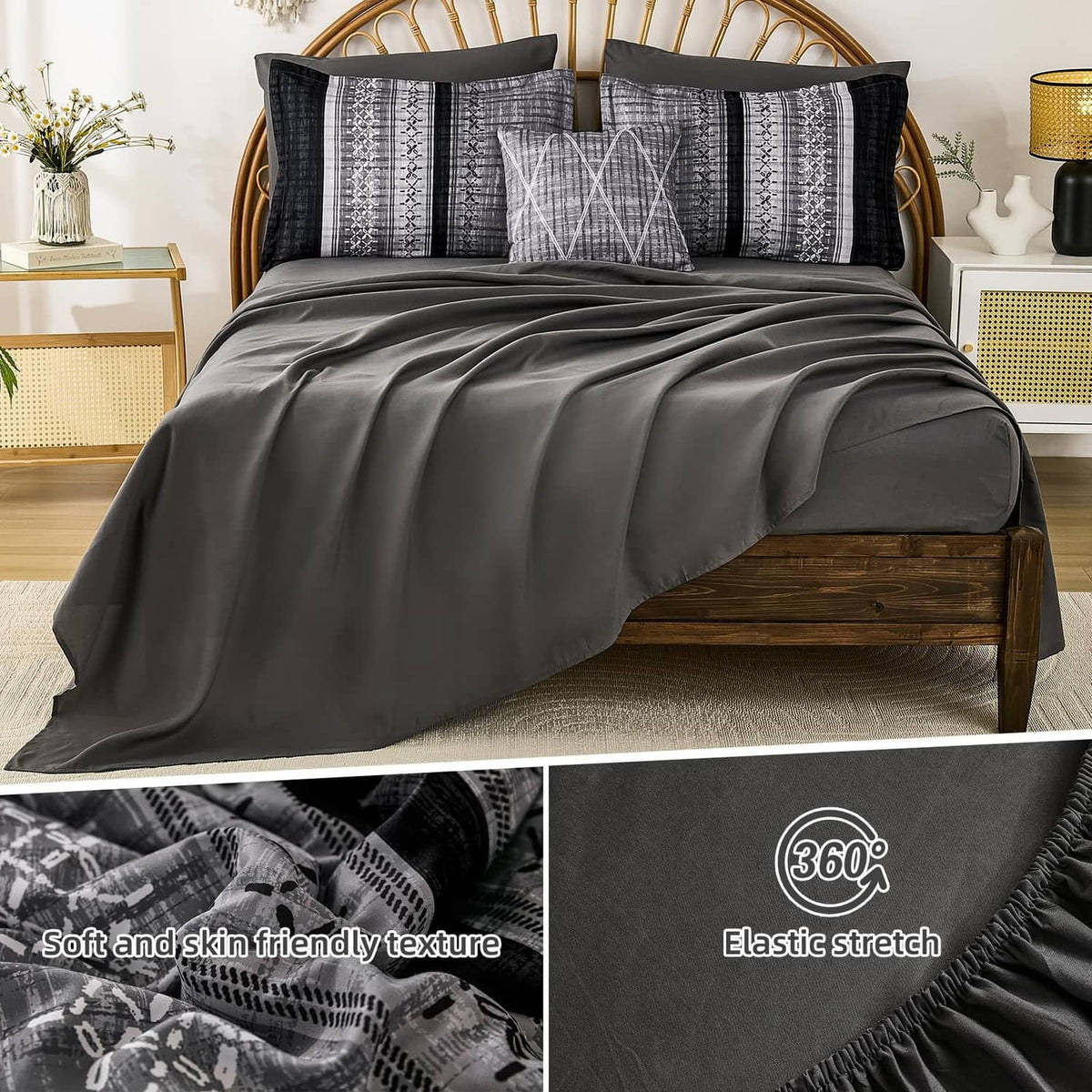 Gray comforter with black and gray geometric border and coordinating dark pillowcases