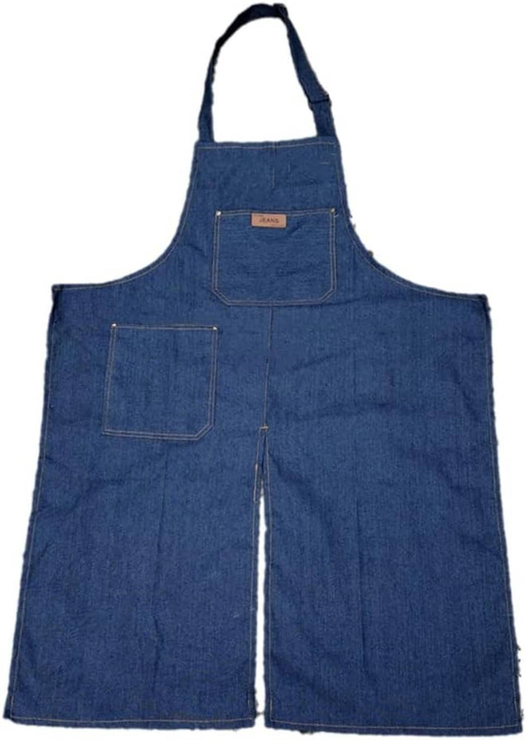 Blue denim split-leg potter apron with adjustable neck strap and two front pockets