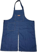 Blue denim split-leg potter apron with adjustable neck strap and two front pockets
