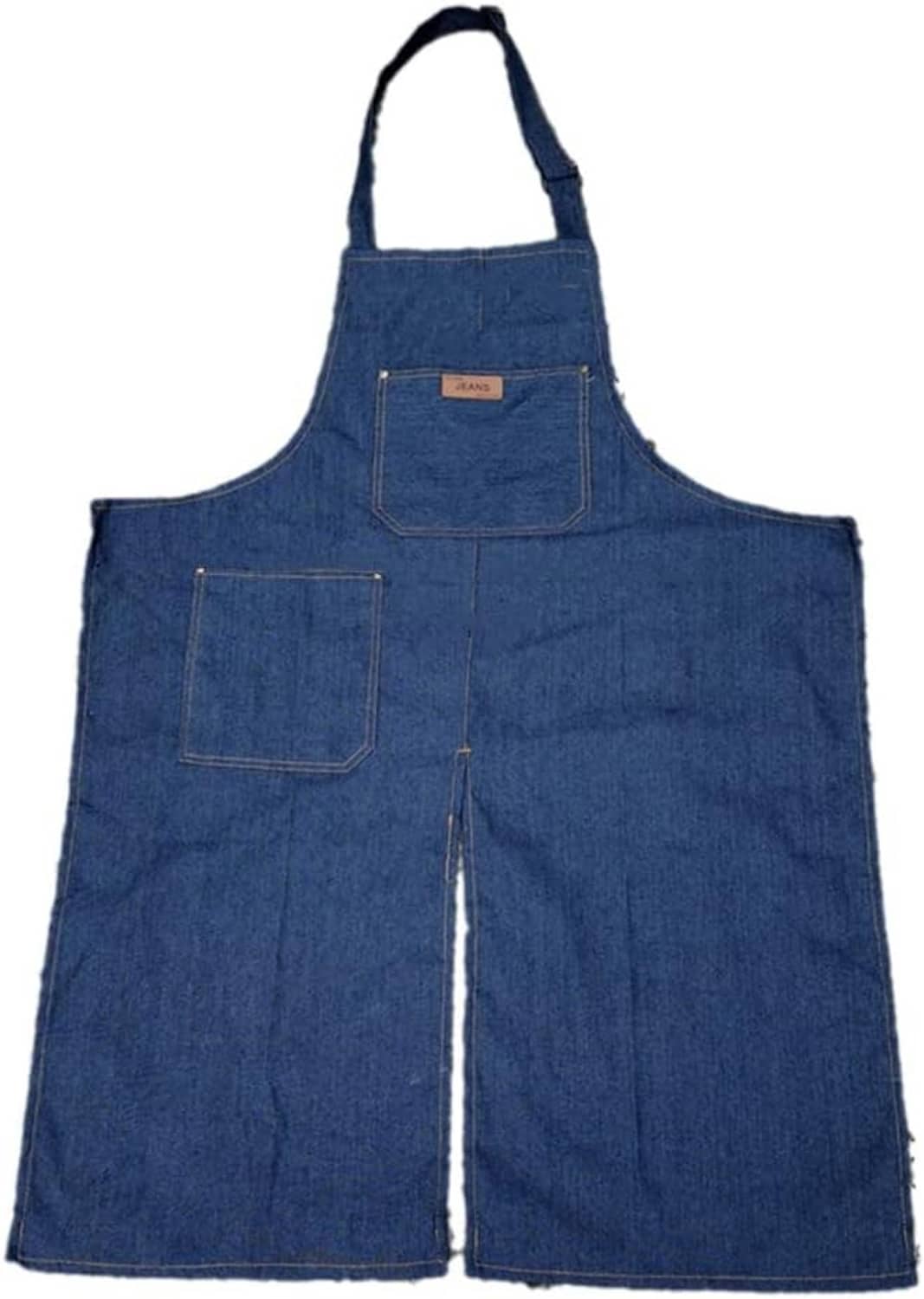 Blue denim split-leg potter apron with adjustable neck strap and two front pockets