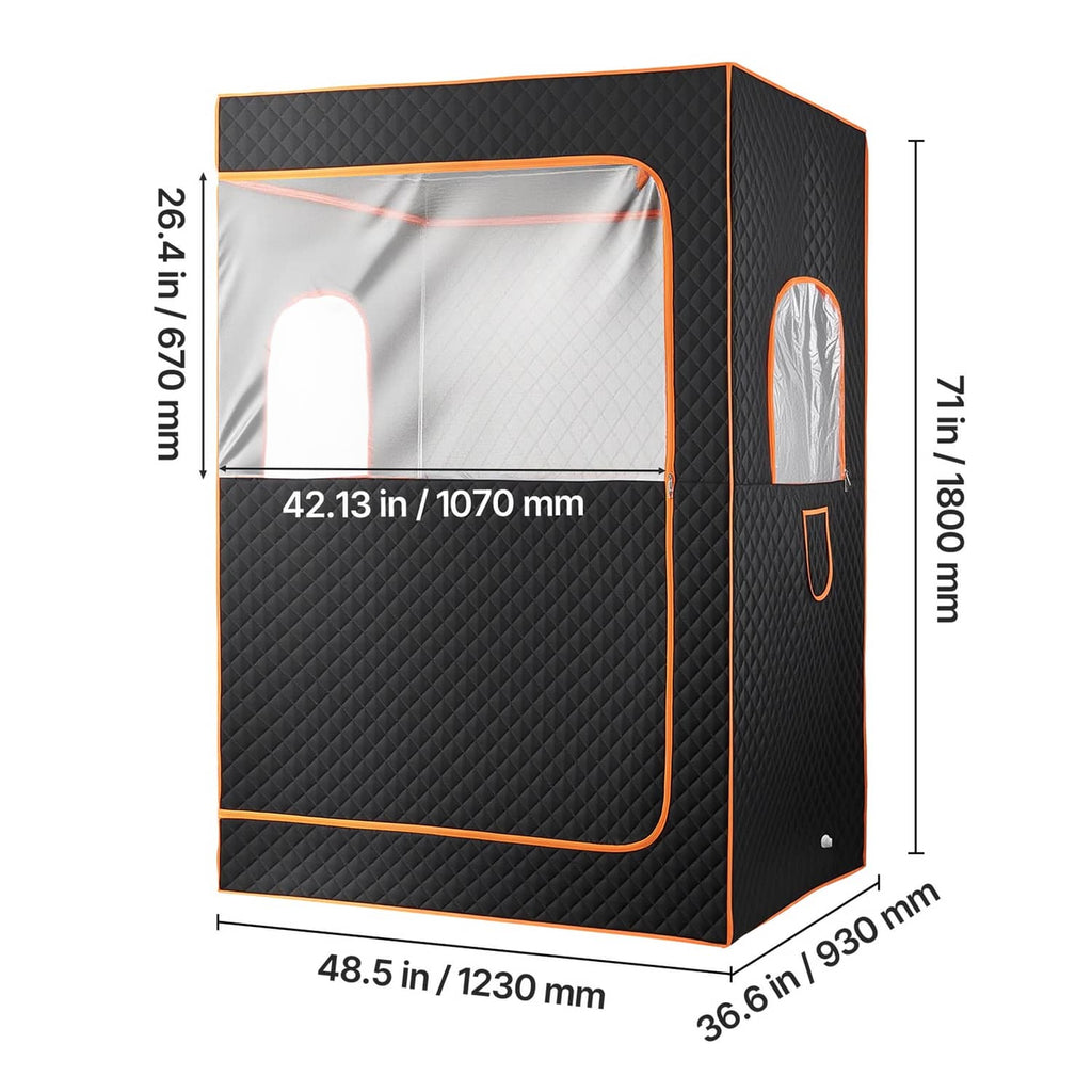 Black portable steam sauna tent with orange trim, angled dimension view with doorway