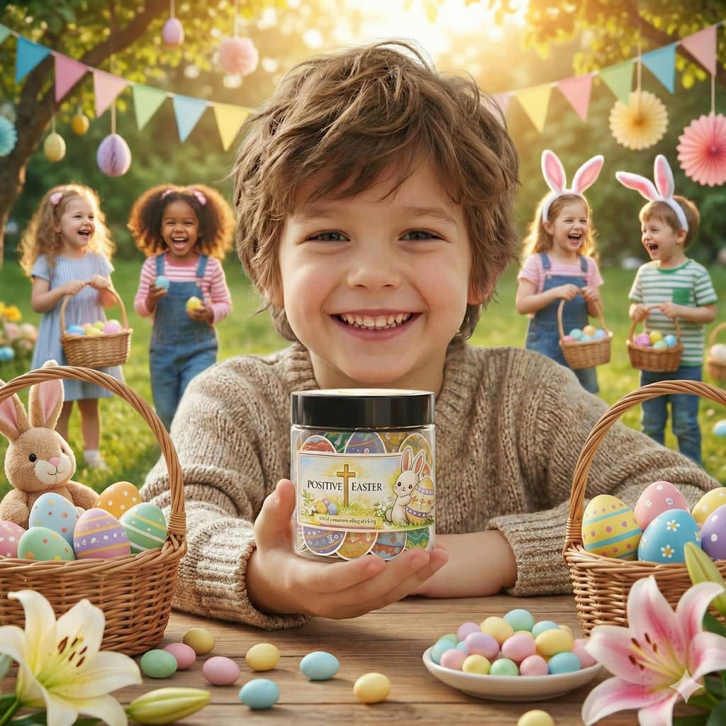 Child holding Positive Easter scripture jar with bunny and cross on label