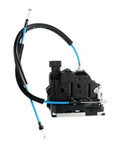 Door latch lock actuator with cables, black housing and blue wire leads