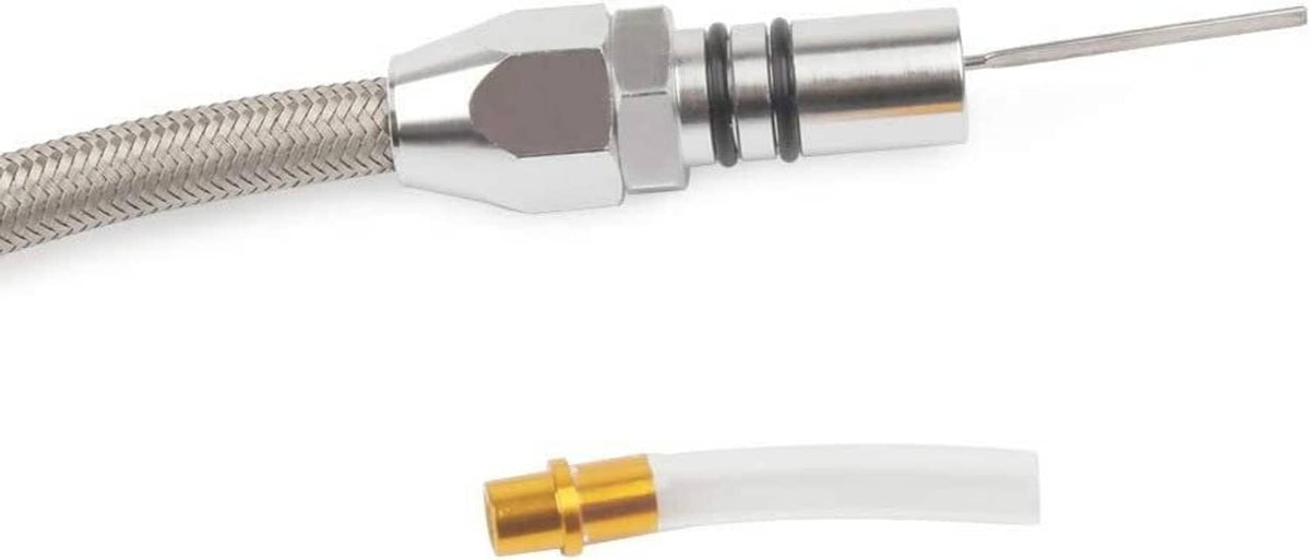 Flexible stainless transmission dipstick with braided hose and threaded fittings