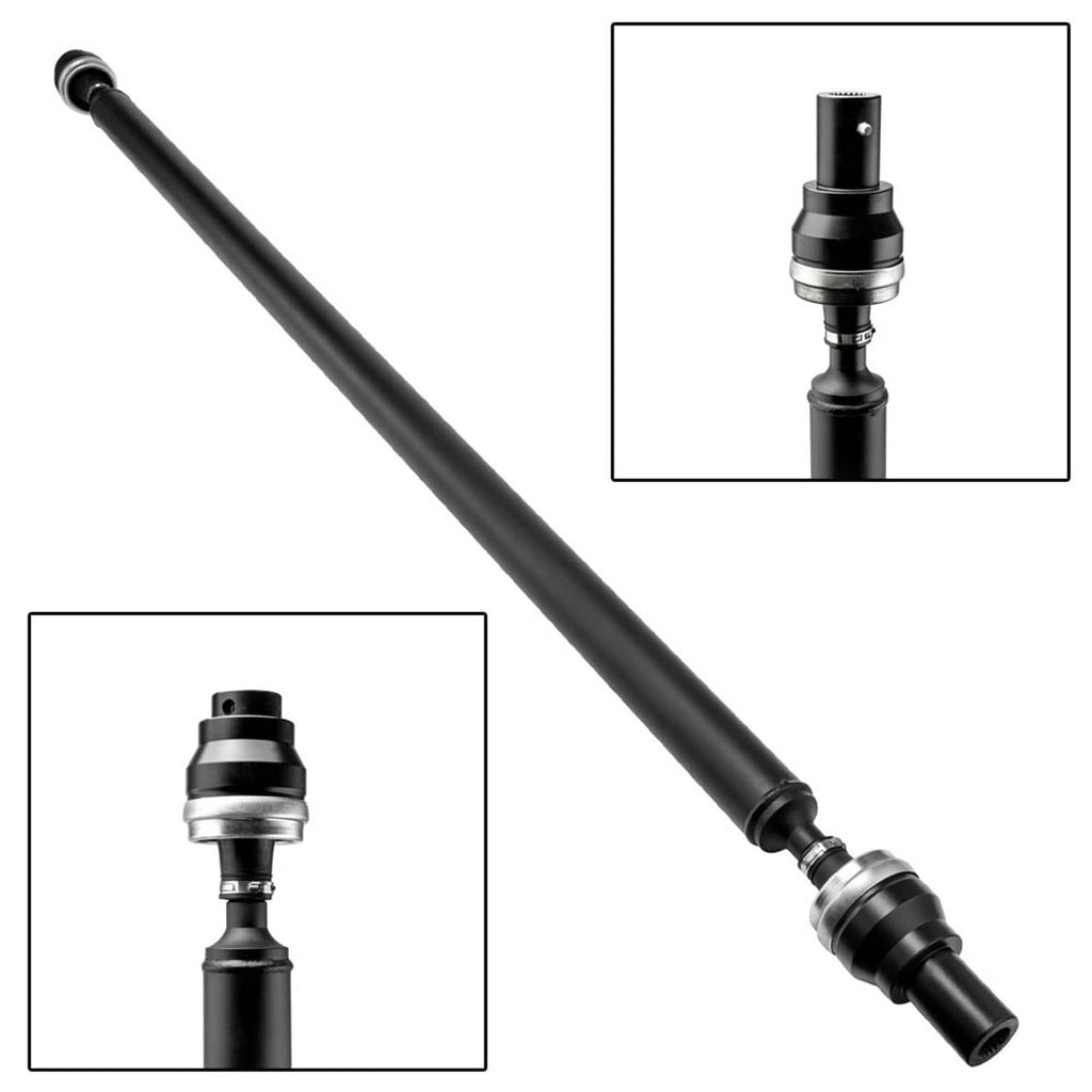 Black front drive shaft with metal couplers and rubber-sealed end connector