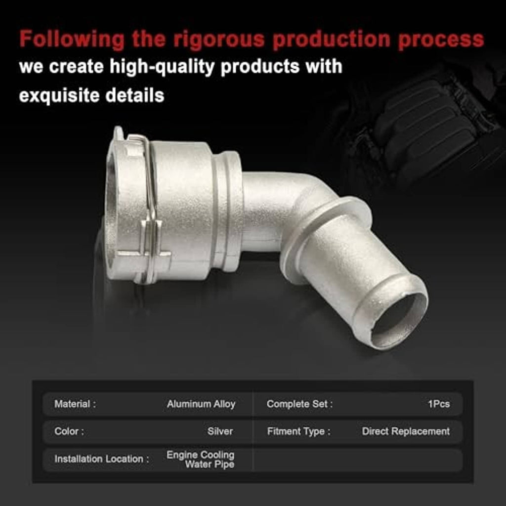 Aluminum coolant hose connector pipe with flange collar and curved outlet spigot