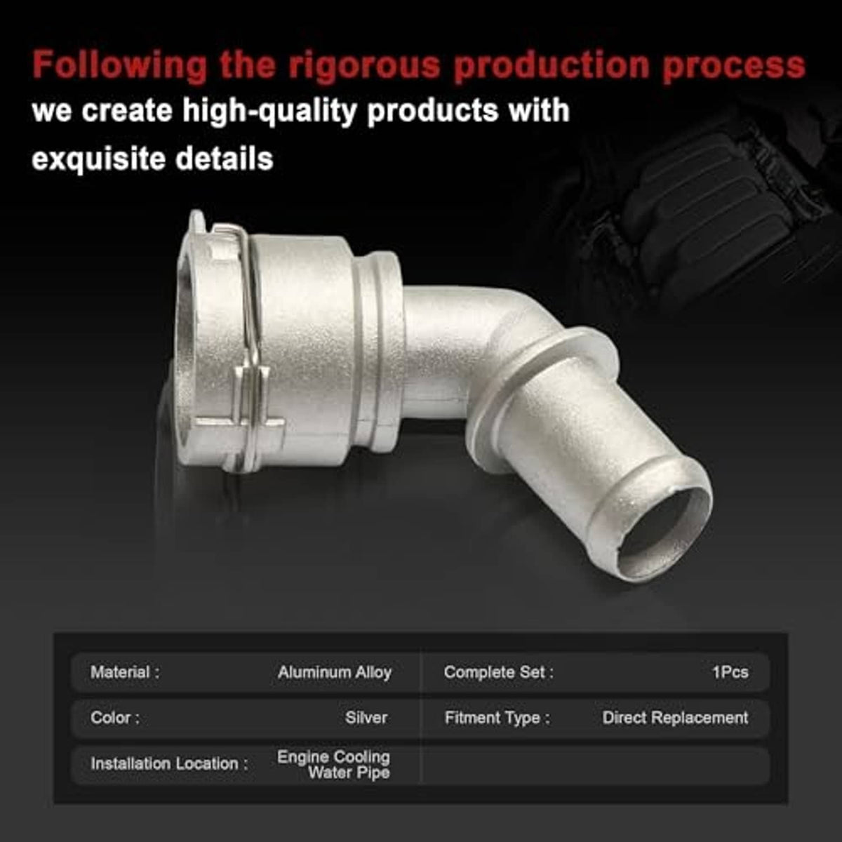 Aluminum coolant hose connector pipe with flange collar and curved outlet spigot