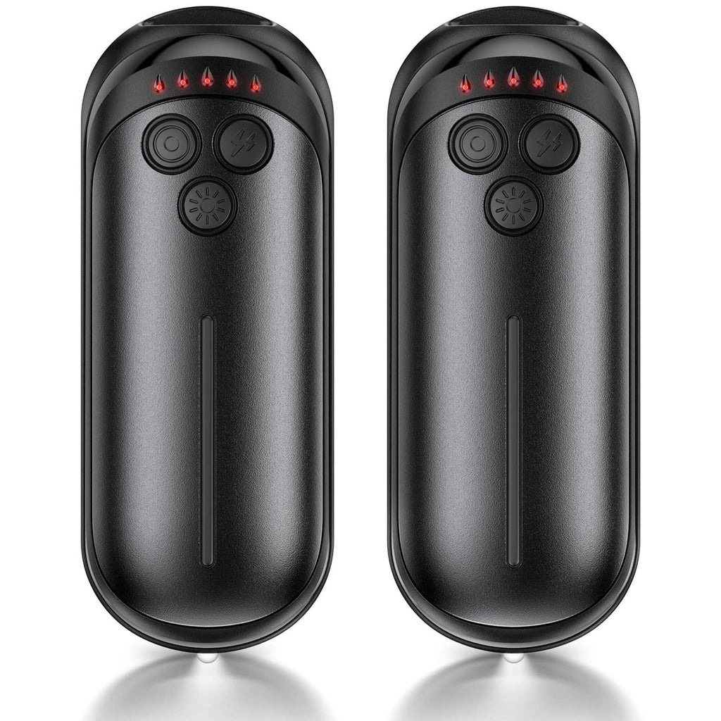 Black rechargeable electric hand warmers, two devices front view with control buttons