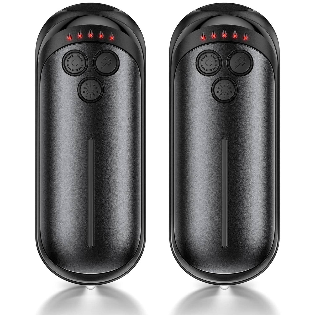 Black rechargeable electric hand warmers, two devices front view with control buttons